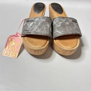 Coach Metallic Silver Signature Canvas Cork Platform Slide Mules